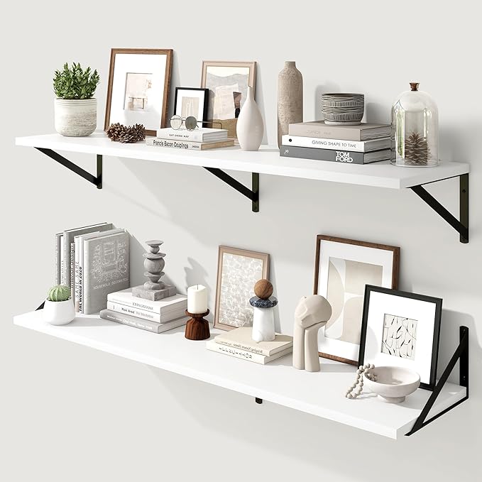 Marsmiles White Floating Shelves for Wall - 48 Inch Wide x 12 Inch Deep Wall Shelves Set of 2 - Wood Floating Shelves for Living Room Bedroom Bathroom