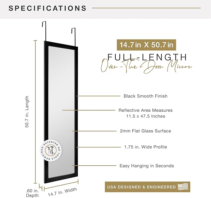 MCS 14.7x50.7 Black Over The Door Mirror, Full Length Hanging Mirror for Bedroom & Bathroom Doors, Lightweight Design with Patented No Tools Required Hanging System