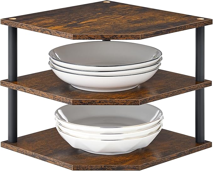 Wooden 3-Tier Corner Shelf, Kitchen Countertop Dish & Bread Organizer Counter Stand Storage for Desktop Bedroom Bathroom Small Space Counter Decor