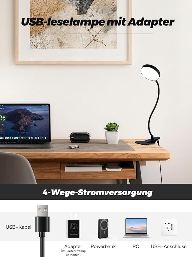 Clip on Light,10 Color RGB&Warm White Clip on Lamp + 10 Brightness Dimmable Desk Lamp, 500LM Bright Reading Light, Night Lamp, USB Adapter Desk Light for Bed/Headboard/Bedside