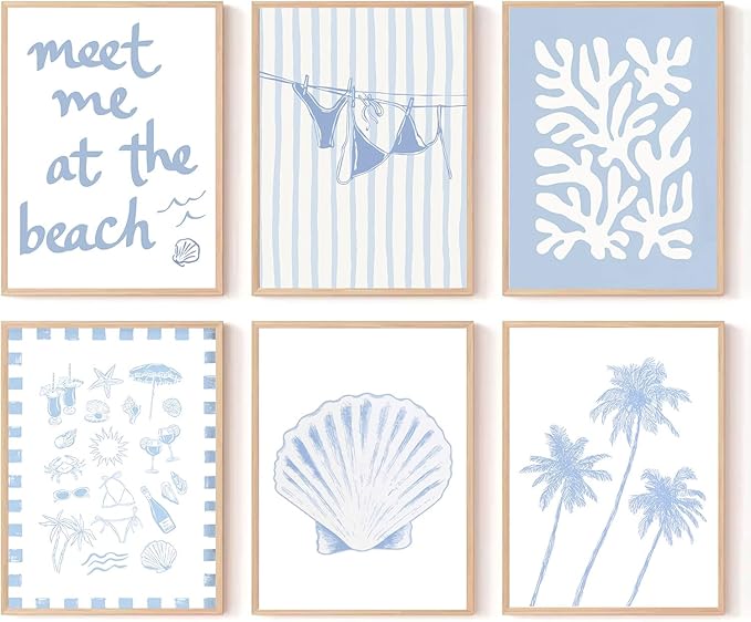 Zuowclli 6Pcs Coastal Granddaughter Wall Art Prints Blue Beachy Shell Bikini Palm Tree Wall Decor Pictures Summer Meet Me At The Beach Preppy Aesthetic Posters for Girly Bedroom Dorm Apartment 8x10in