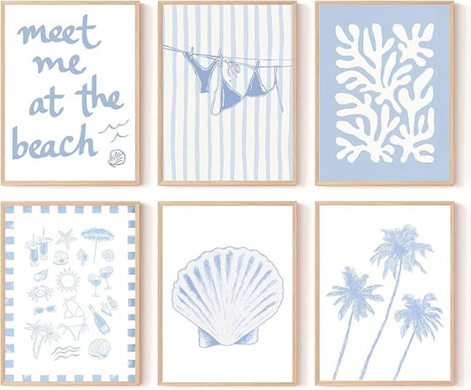 6Pcs Coastal Granddaughter Wall Art Prints Blue Beachy Shell Bikini Palm Tree Wall Decor Pictures Summer Meet Me At The Beach Preppy Aesthetic Posters for Girly Bedroom Dorm Apartment 12x16in