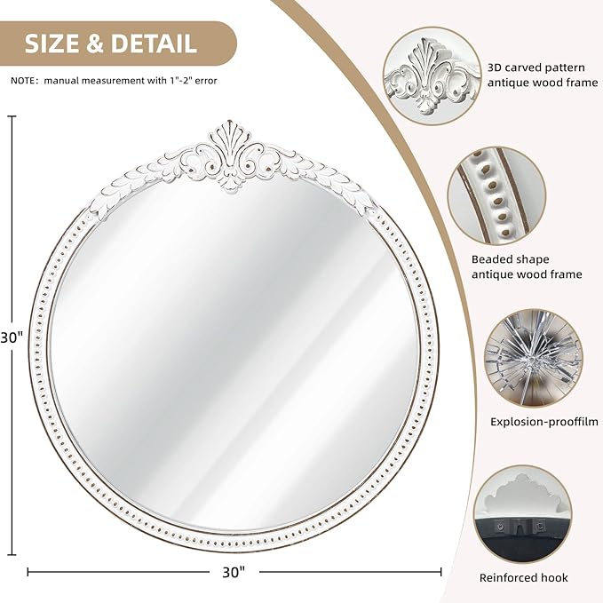 Farmhouse Round Wood Mirror - 30x30 Inches Antique White Baroque Wall Mirror, Ornate Beaded Decorative Mirror for Mantel, Living Room