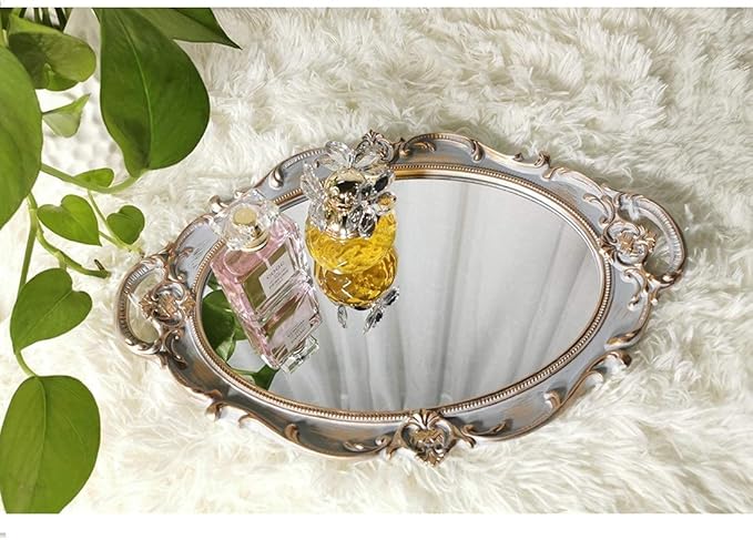 Oval Decorative Mirror Tray, French Style, Makeup Organizer, Jewelry Organizer, Serving Tray, 9.8"x 14.6", Golden Grey