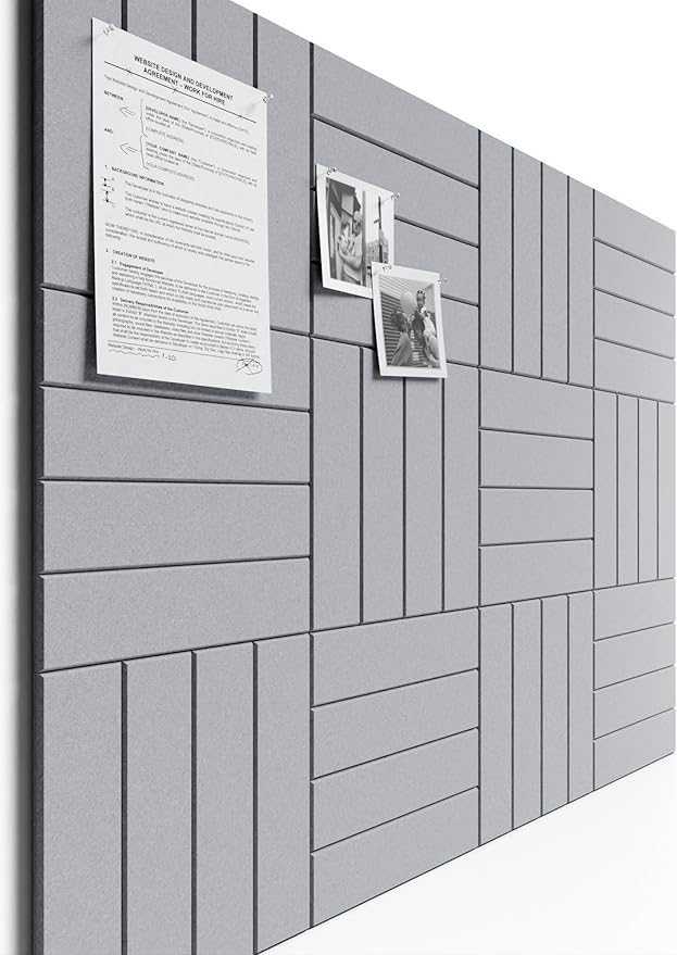Bumusty Large Cork Board Alternative-48 x 36" Felt Bulletin Board Tiles, with 30 Pushpins, 70 Adhesive Tabs, Bold-Stripe 12-Pack, Cork Boards for Office Push Pin Board Felt Board-Soft Gray