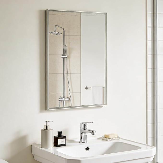 Bathroom Mirror for Wall, 16x24 Inch Metal Framed Mirror, Brushed Nickel Rectangle Mirror, Bathroom Vanity Mirror Farmhouse, Tempered Glass, Anti-Rust, Hangs Horizontally or Vertically