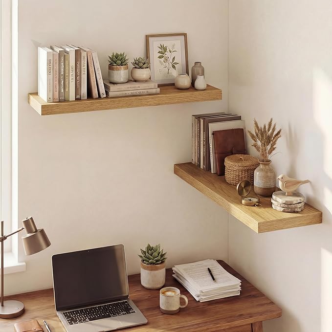 Dreamland 32 Inches Floating Shelves for Wall, 9.3" Deep Long Floating Shelves Set of 2, Large Display & Storage Shelf, Wall Shelf for Bathroom Bedroom Living Room Kitchen Office, Oak