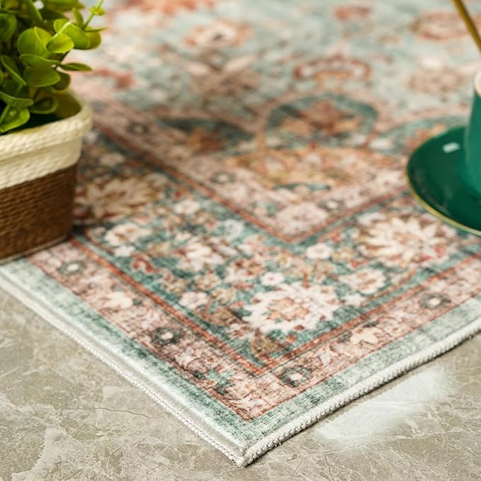 Washable Oriental Area Rug - 2x3 Rugs for Living Room Soft Carpet for Bedroom Waterproof Floral Distressed Indoor Stain Resistant Non-Shedding Floor Carpets (Green, 2x3)