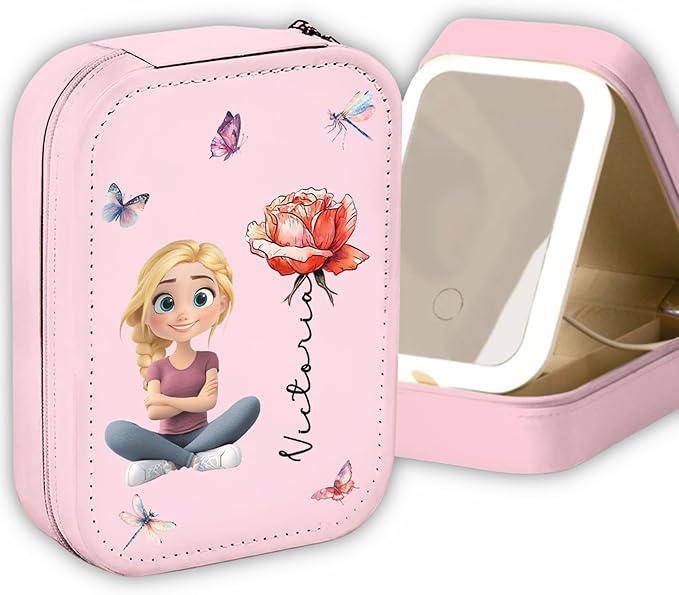 Wrappiness Women & Girls Floral Makeup Box With LED Mirror - Personalized Birthmonth Flower Travel Jewelry Organizer Gift for Daughters Sisters on Birthday Christmas (Blossomed Soul, Women)