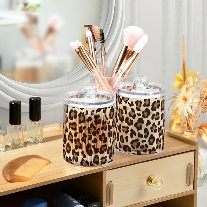 4 Pack Qtip Holder Dispenser Leopard Print Cheetah Cotton Ball Cotton Swab Round Pads Floss Clear Bathroom Storage Containers Plastic Apothecary Jars with Lids