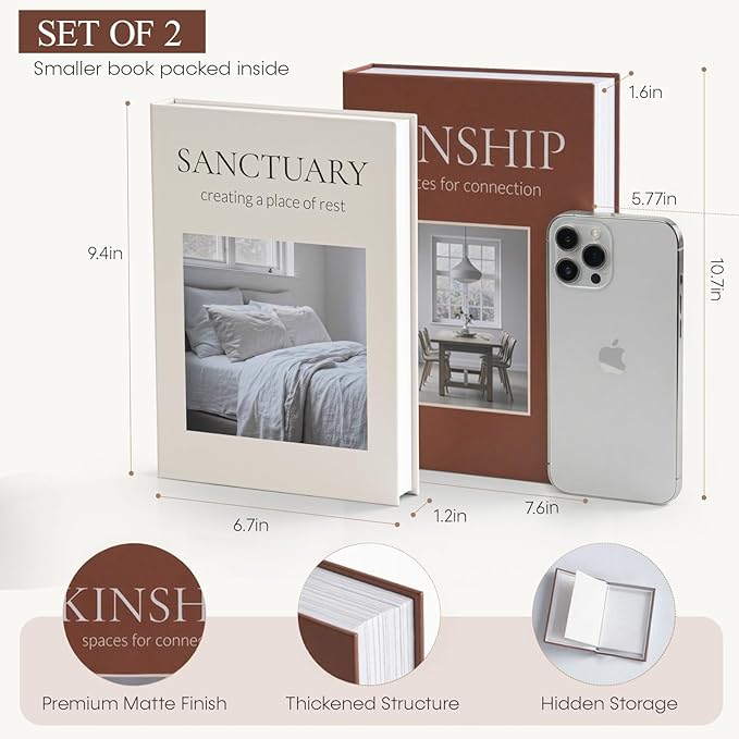 Decorative Book Boxes for Coffee Table Decor (Set of 2) - Faux Books with Hidden Storage - Modern Warm Luxury & Neutral Home Accents - Sanctuary & Kinship (Chocolate Brown & Beige)