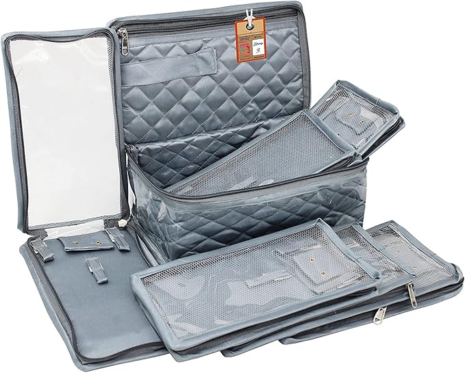atorakushon Satin Makeup Kit Travel Jewelry Organizer Locker Box Pouch Clutch Bag for Necklaces Earrings Rings and Bracelets Grey Color