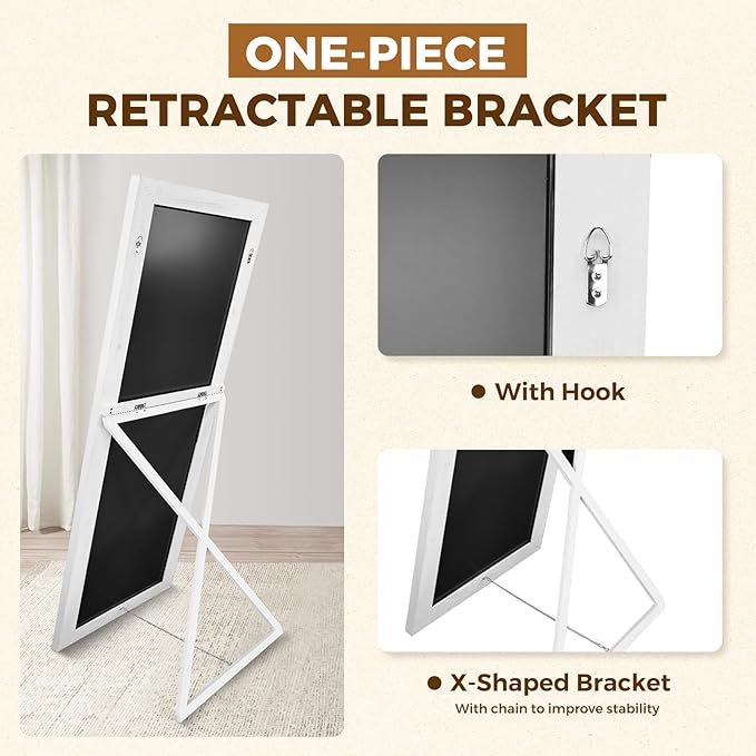 Full Length Mirror 65"x22" - Beveled Edge Rustic White Dressing Mirror, Solid Wood Frame, Wall Mounted or Standing for Bedroom, Entryway, Living Room
