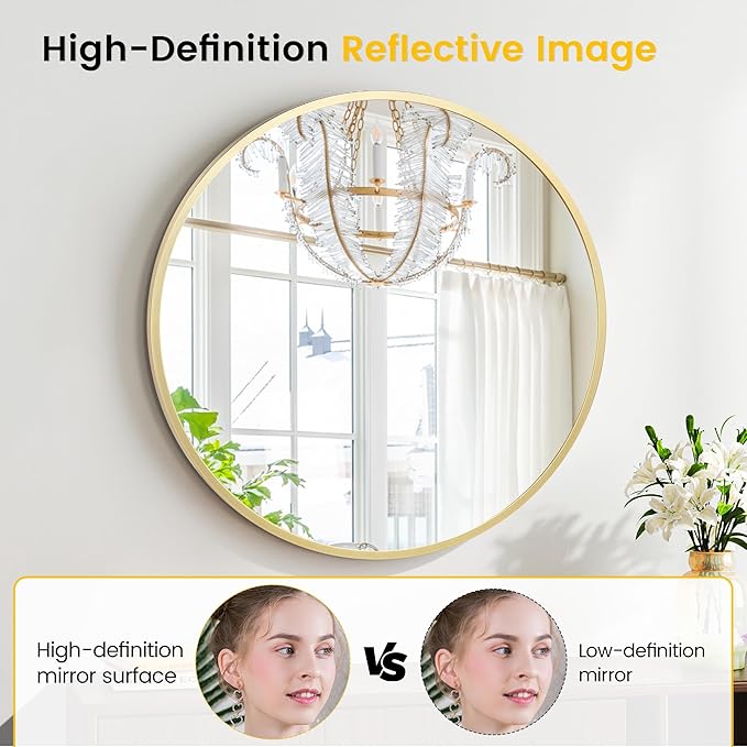 GarveeHome Gold Circle Mirror for Bathroom, 24 Inch Aluminum Alloy Frame Round Mirror, High Definition Eco-Friendly Round Bathroom Mirror for Over Sink, Wall Mirror for Entryway, Bathroom, Vanity