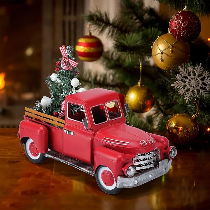 Vintage Red Truck Decor, Farmhouse Metal Outdoor/Indoor Pickup Planter, Christmas Red Trucks Decorations, Decorative Tabletop Storage,Gift Basket for Holiday