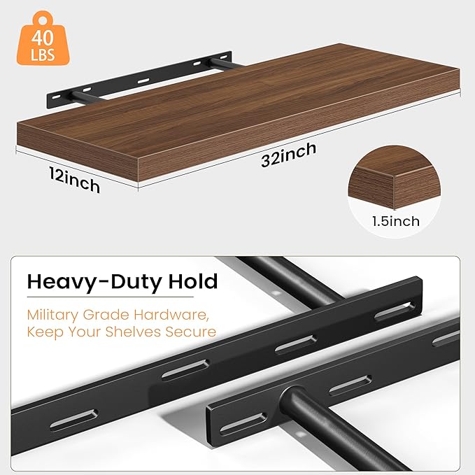 12 Inch Deep Floating Shelves, 32W x 12D Floating Shelf for Books, Rustic Wood Deep Wall Shelves for Home Storage & Display, 1.5" Thicked Shelves for Kitchen, Living Room, Bedroom, Walnut, 2 Pack