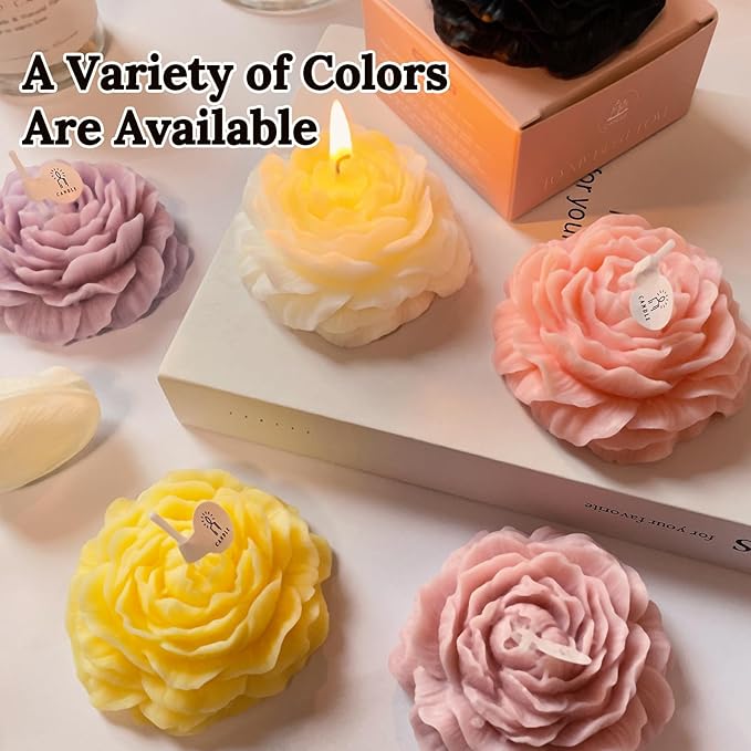 White Peony Flower Shape Candles for Women Friends Colleague Classmates Gift, 3 Inch Pastel Aesthetic Scented Candle with English Pears & Freesia Scent