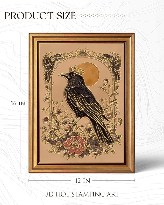 InSimSea Gold Framed Canvas Prints Wall Art, 3D Embossed Vintage Decor, King Raven Folk Art Mystical Moon Flowery Aesthetic Paintings, Farmhouse Wall Decor for Bedroom Living Room Shelf, 12x16inch