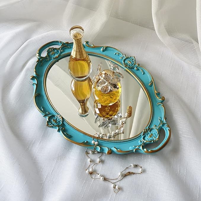 Oval Decorative Mirror Tray, French Style, Makeup Organizer, Jewelry Organizer, Serving Tray, 9.8"x 14.6", Golden Blue