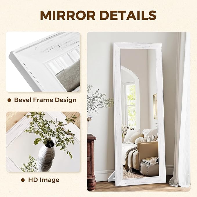 Full Length Mirror 65"x22" - Beveled Edge Rustic White Dressing Mirror, Solid Wood Frame, Wall Mounted or Standing for Bedroom, Entryway, Living Room