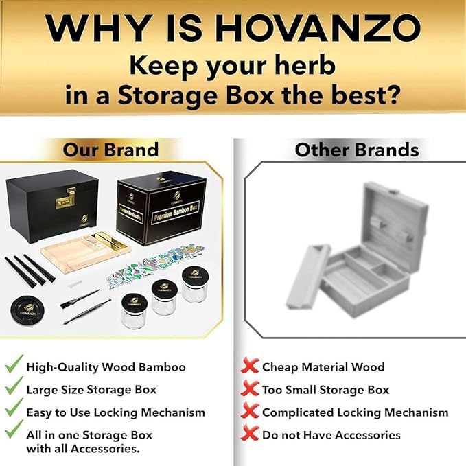 HOVANZO Premium Large Bamboo Storage Box with Removable Tray - Storage Wood Box for Herbs and Accessories - Storage Box Set with Combination Lock - Smell Proof Container with Accessories