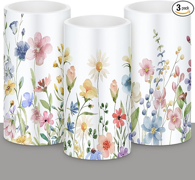 Retisee 3 Pcs Spring Wildflower Flameless Candles Spring Floral Battery Operated Flickering LED Candles with Remote Floral Gifts Decoration for Easter Wedding Table Centerpieces Home Living Room Decor