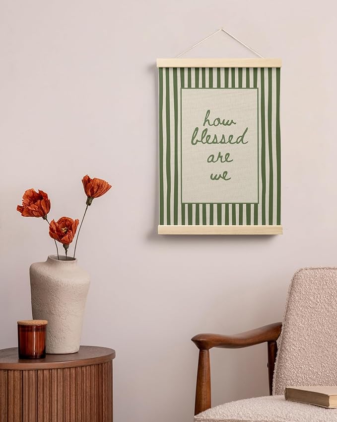 FGFK How Blessed Are We Christian Wall Art Poster Hanger Frame, Christian Home Decor, Trendy Retro Green Striped Religious Bible Verse Canvas Prints Framed Wall Decor for Bedroom Room Dorm, 12x16 Inch