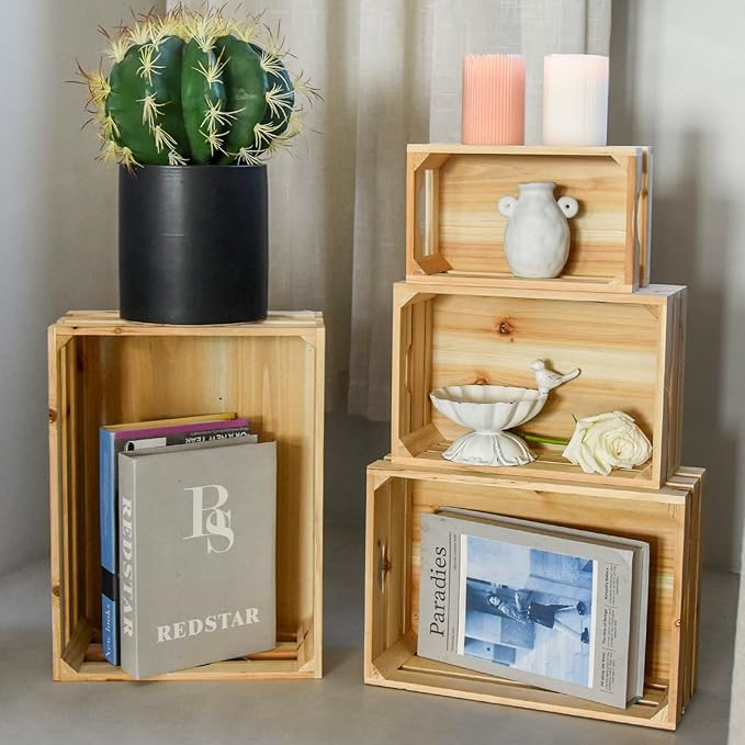Large Wooden Crates Unfinished Set of 4 Decorative Storage Box with Handles, Rustic Farmhouse Wooden Crates for Display, Living Room Container Basket Box for Kitchen, Pantry, Bedroom