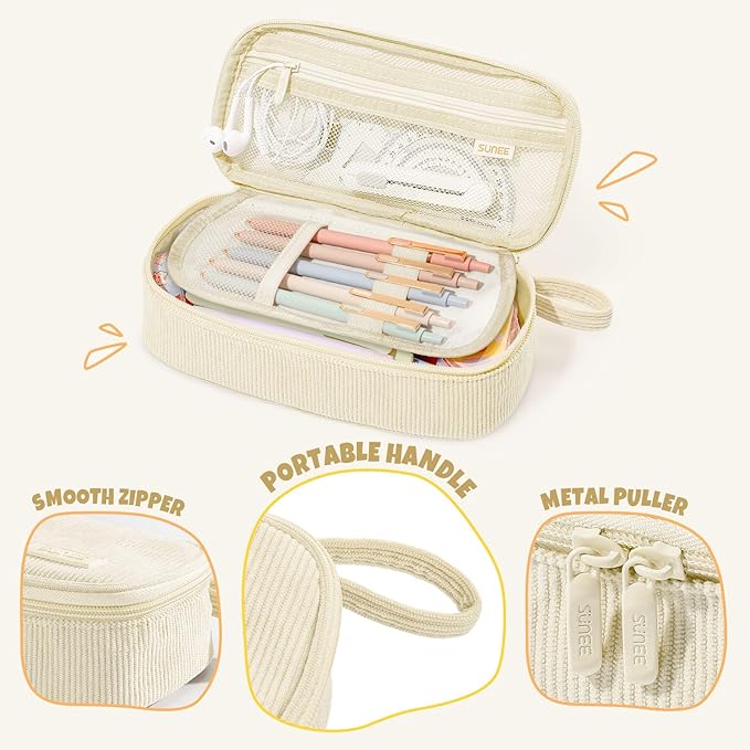 SUNEE Cute Pencil Case, Large Capacity Pencil Pouch Aesthetic Zipper Pencil Bag, Big Storage Pen Organizer for Stationery, Soft Corduroy Pencil Box Back to School Supplies for Teen Girls Boys, Beige