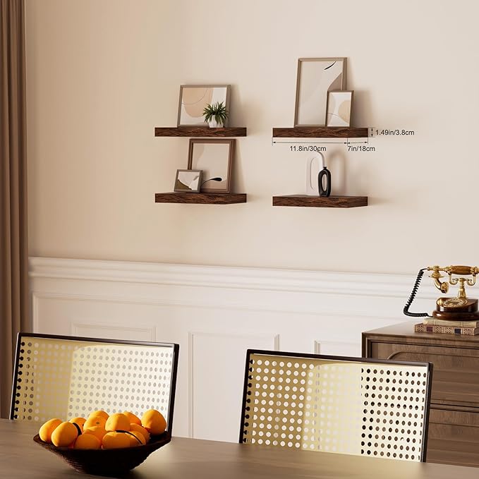 Floating Shelves for Wall, Bathroom Shelves Over Toilet, Wall Shelves & Book Shelf, Hanging Shelf, Modern Wooden Wall-Mounted Small Floating Shelves, 12x7x1.5 in (Walnut-Like, Set of 4)