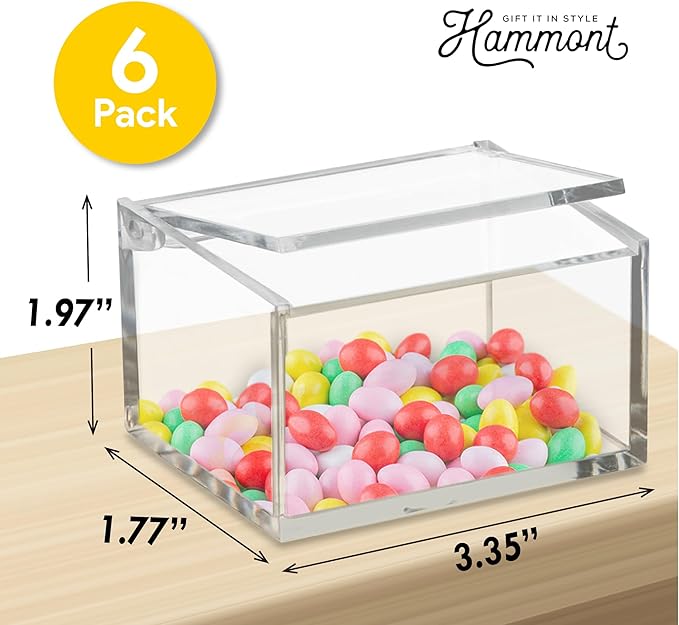 Hammont Clear Acrylic Box with Hinged Lid – Small Plastic Organizer for Office, Desk, Makeup, Crafts, Cotton Balls, Jewelry & More | 3.5"x2"x2" (6 Pack)