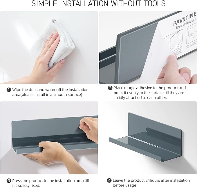 PAVSTINE Adhesive Floating Shelves for Wall No Drilling, 12 Inch Acrylic Self Adhesive Shelves, Stick on Shelves, Dorm Wall Shelf, for Bathroom, Kitchen, Bedroom, Office, Gaming Room, Gray