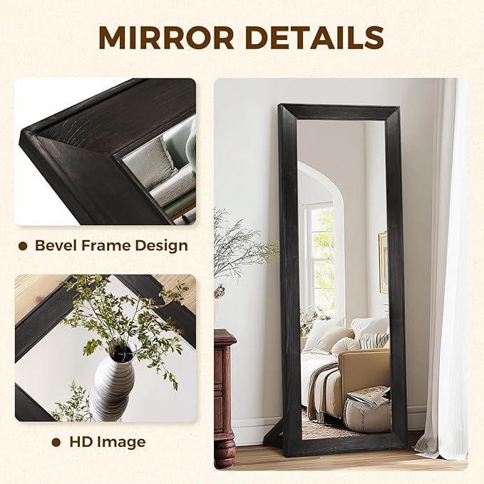 Full Length Mirror 65"x22" - Beveled Edge Rustic Black Dressing Mirror, Solid Wood Frame, Wall Mounted or Standing for Bedroom, Entryway, Living Room