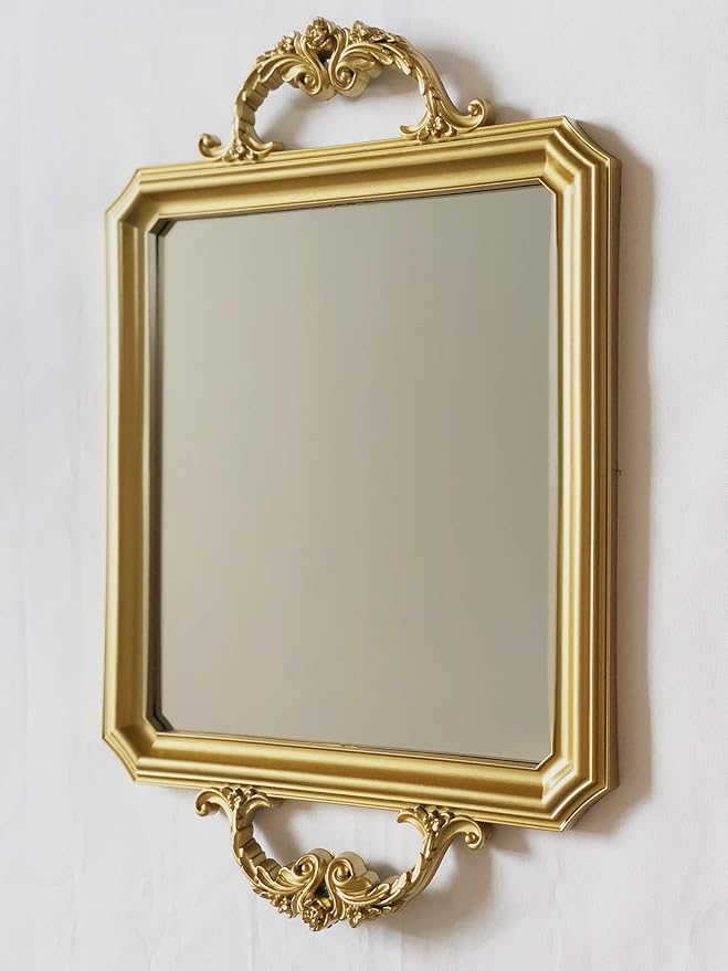 Rectangle Vintage Mirror Tray, Decorative Dresser Organizer for Perfume Makeup and Jewelry, Vanity Serving Tray for Party Gathering, 15.4 inch x 9.8 inch (Golden)