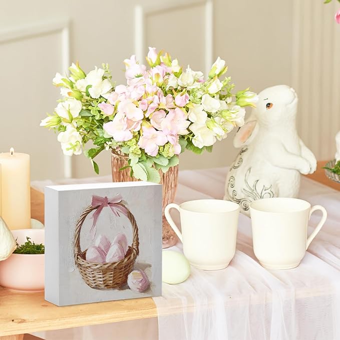Pink Bow Easter Egg Wood Box Sign Desk Decor, Pink Easter Theme Wooden Block Box Sign Decoration for Home Office Shelf Table Decor 5x5