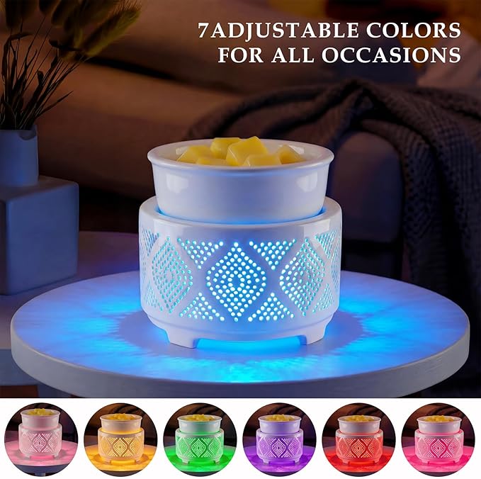 Wax Melt Burner Ceramic Electric 4-in-1 Candle Warmer Lamp with 7-Color LED Light Fragrance Oil Burner for Scented Wax Candle Jar Home Office Bedroom Decor Gifts for Women Mom - Heart Pattern