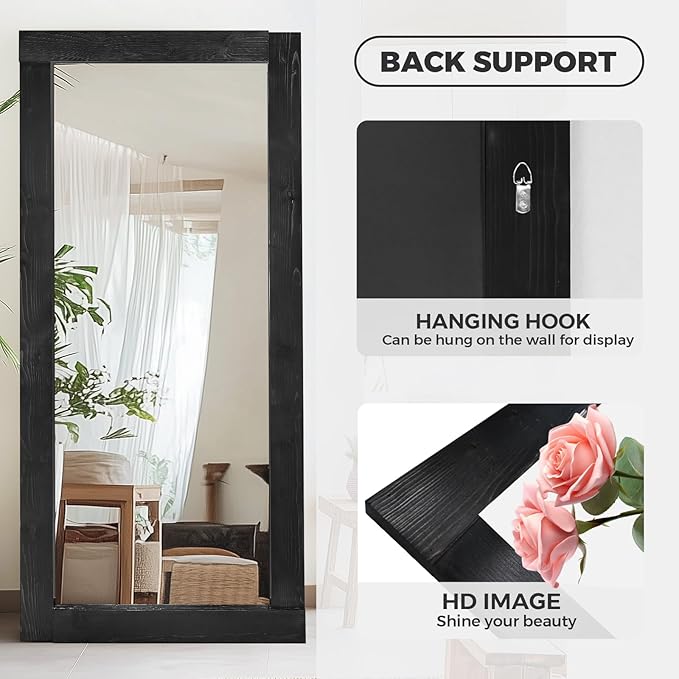 Full Length Mirror 71"x32" – Solid Wood Frame, HD Tempered Glass, Wall Mounted & Leaning, Rustic Modern Decor for Bedroom, Living Room, Entryway, Black