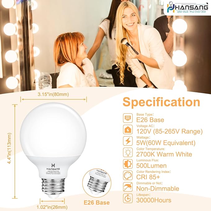 hansang 12 Pack Vanity Light Bulbs for Bathroom, 2700K Warm White E26 Base Round LED Globe Bulb, 60W Equivalent, G25 Vanity Light Bulb for Makeup Mirror Bedroom 120V, CRI85+, 500LM, Non-dimmable