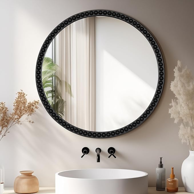 WallBeyond Round Mirrors for Wall Decor, 30'' Wall Mirror Decorative with Beaded Framed for Home Decoration Entryway Living Room Bedroom, Black