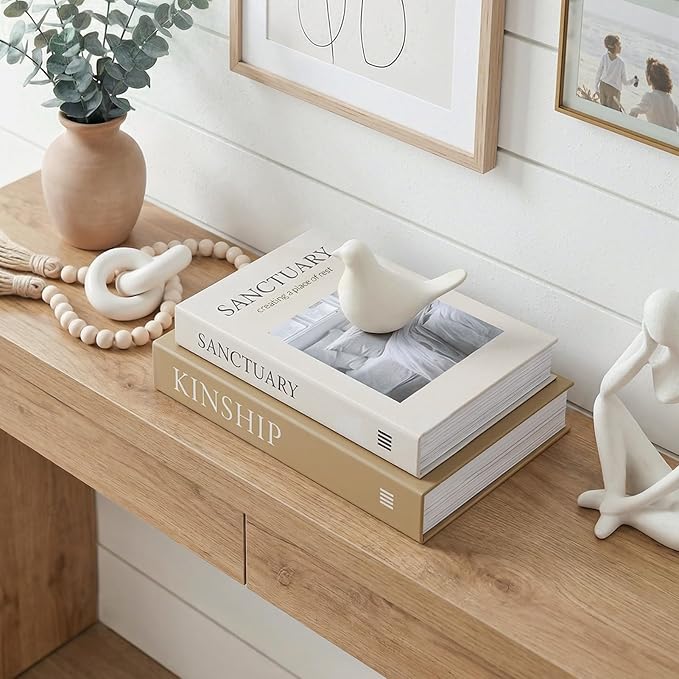 Minimalist Fake Books for Bookshelf Decor (Set of 2) - White Decorative Box with Storage - Scandi & Clean Aesthetic Coffee Table Books - Sanctuary & Kinship (Cloud White & Sand Beige)