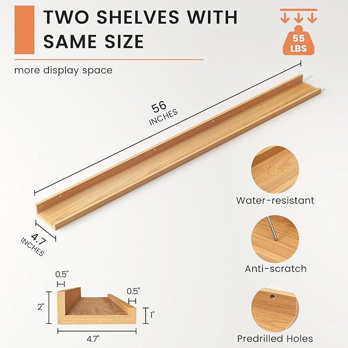 Picture Ledge Shelf, Floating Shelves Set of 2, 56 Inches Long Large Nursery Book Shelves for Toys Storage, Kids Bookshelf Wall Mounted for Living Room Bedroom Decor Books Photo Frames, Natural Oak