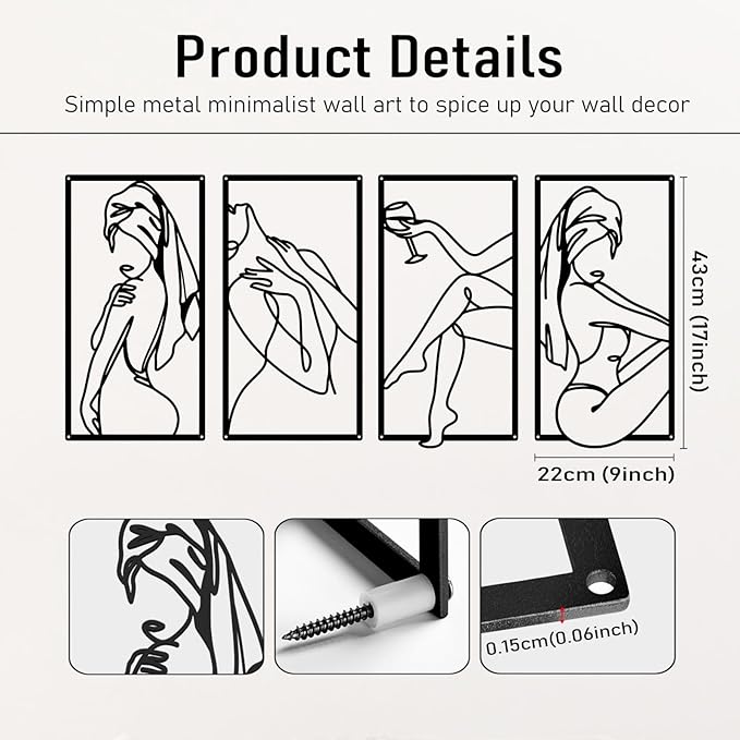 Bakovity Black Metal Bathroom Wall Art, Minimalist Woman Line Wall Decor, Metal Wall Decor for Bathroom Bedroom Living Room (4 Pcs,17 x 9 in)
