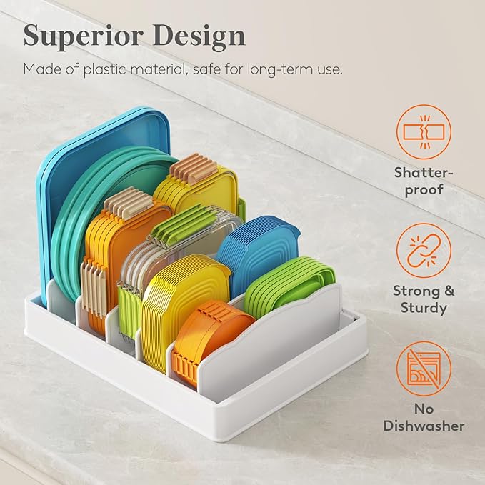 Lifewit Kitchen Cabinet Organizer for Food Contanier Lid, Lid Holder with 6 Adjustable Dividers & 7 Sections for Pantry Organizers and Storage, Home Drawer Organization, Large, 13" x 10"