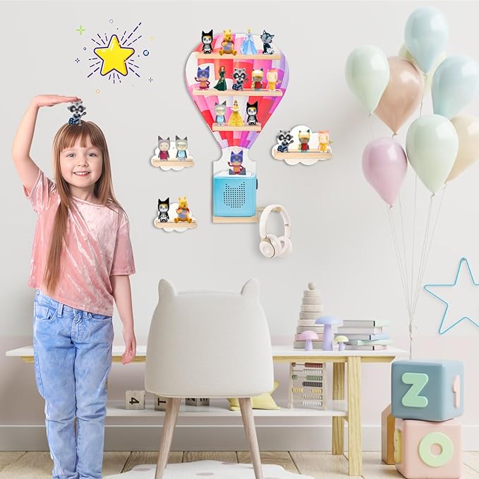 for Toniebox 2 and Toniebox 1 Tonie Shelf Wall Mounted Set of 4 (Balloons and 3 Cloud),Tonies Figures Tonies Storage,Magnetic Wooden Floating Shelves Compatible with Tonie box Player Character