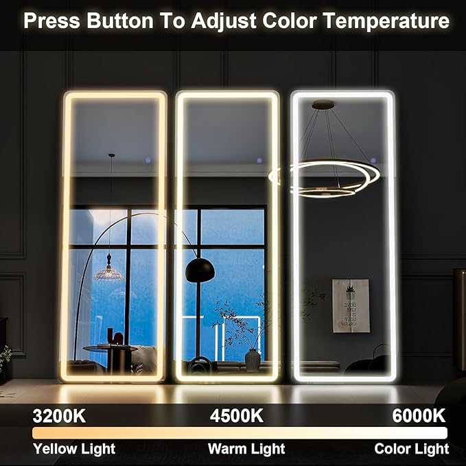 GLSLAND LED Full Length Mirror 60"x16" Floor Mirror with Stand, Wall Mounted Hanging Free Standing Full Body Mirror with Lights for Bedroom Living Room, White
