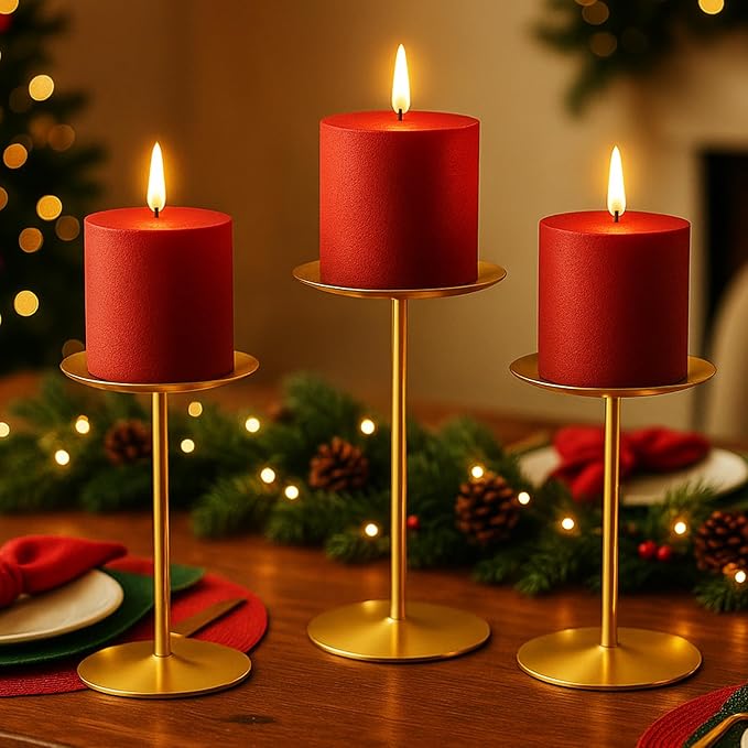 smtyle Gold Metal Candle Holder Sets for Pillar Candles Set of 3 Wedding Table Centerpiece Candle Holders, Minimalist Farmhouse Decor for Fireplace Mantel & Dining Room