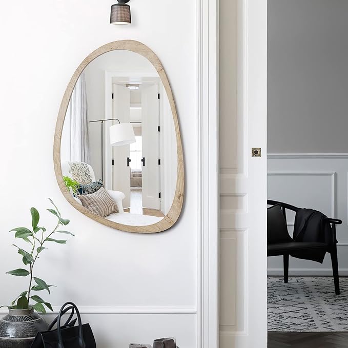 sawsile Irregular Mirror for Decor,Wood Frame Asymmetrical Wall-Mounted Mirror, Large Vanity Mirror for Wall Decoration, Modern Mirror for Living Room Bedroom Bathroom Entryway Mirror