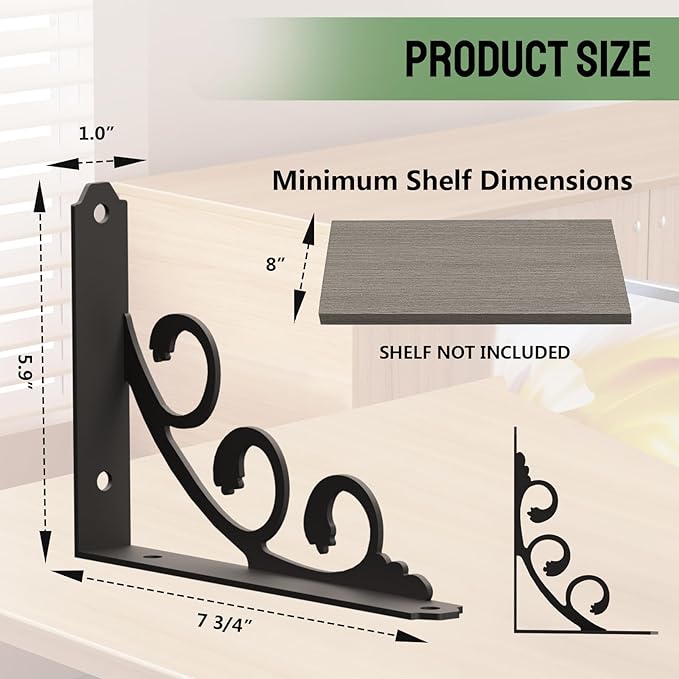 L Shelf Brackets for 8" - 10" Board, Floating Shelf Bracket Heavy Duty Metal Shelving Brackets for Shelves, Decorative Iron Rustic Wall Brackets for DIY Floating Shelf, 6 Pack Black