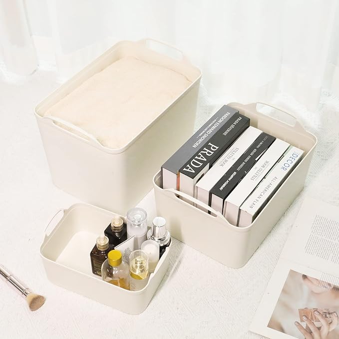 ANMINY 12PCS Plastic Storage Bins Containers with Lids, Large Storage Organization Bins Boxes, Lidded Plastic Storage Baskets for Closet Shelves Desktop, Wheat Lids, 2XL + 4L + 2M + 4S