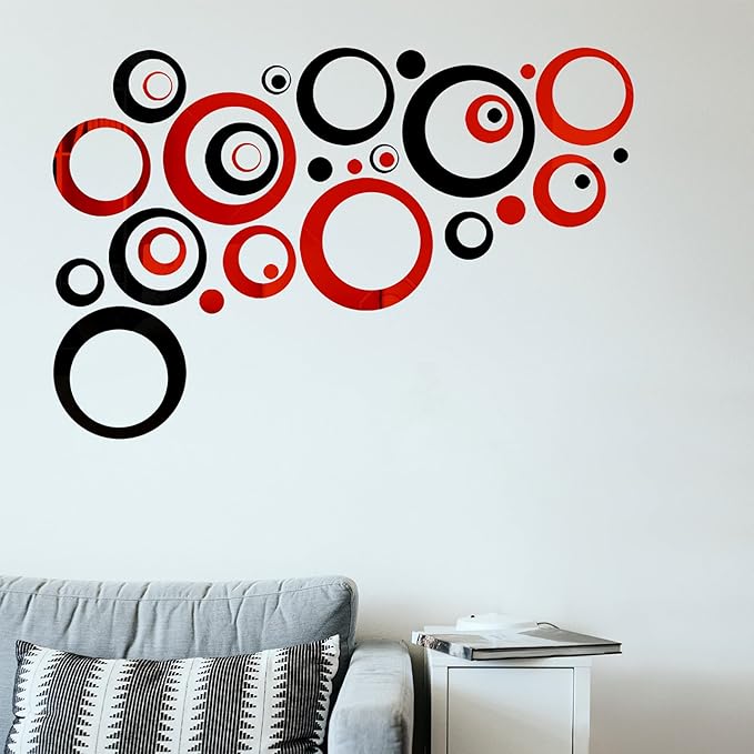 32 Pieces Removable Circle Wall Mirror Sticker Round Decal Acrylic Setting for Home Living Room Bedroom Decor, 1.5-13.5 cm(Red and Black)